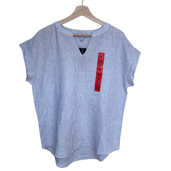 Adrienne Vittadini 100% Linen Blue White Striped Chambray Cap Sleeve Top Size M - Picture 4 of 14